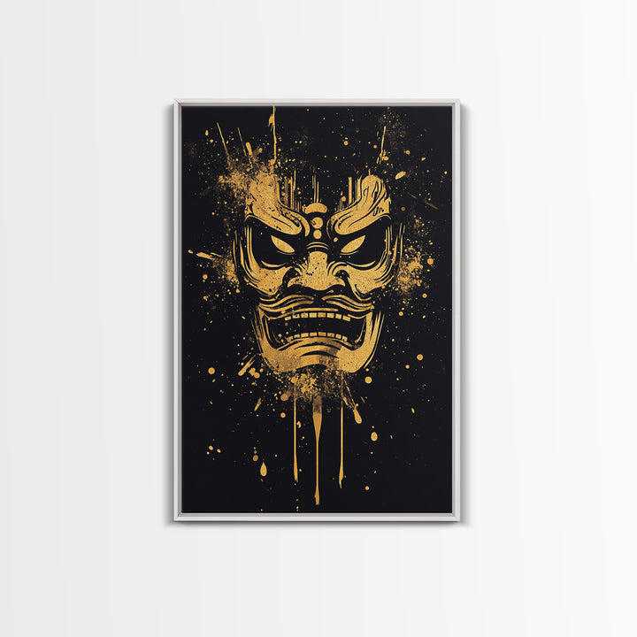 Samurai Oni Mask Gold Canvas Print, Japanese Demon Face Art, Splatter Ink Wall Decor, Real Wood Frame
