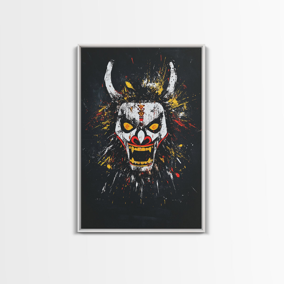 Fiery Demon Mask Gold Canvas Print, Japanese Oni Face Art, Tribal Splatter Style Wall Decor, Real Wood Frame
