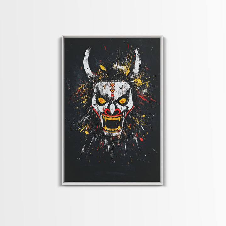 Fiery Demon Mask Gold Canvas Print, Japanese Oni Face Art, Tribal Splatter Style Wall Decor, Real Wood Frame