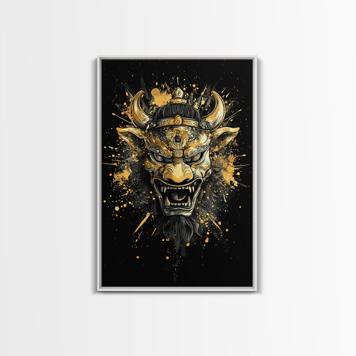 Fierce Demon Mask Gold Canvas Print, Mythical Beast Face Art, Splatter Style Wall Decor, Real Wood Frame