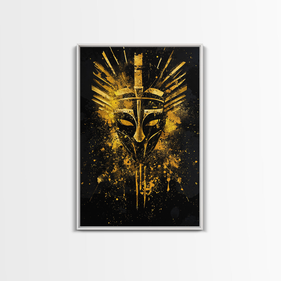 Ancient Warrior Mask Gold Canvas Print, Bold Tribal Face Art, Splatter Ink Wall Decor, Real Wood Frame