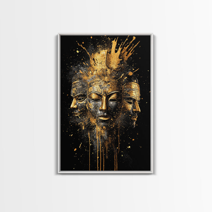 Three Faces Mask Gold Canvas Print, Abstract Spiritual Face Art, Splatter Style Wall Decor, Real Wood Frame