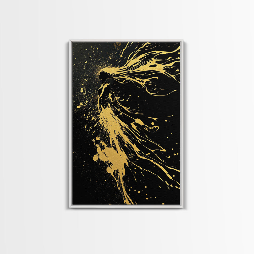 Golden Spirit Woman Gold Canvas Art, Flowing Abstract Female Silhouette, Modern Splatter Wall Decor, Real Wood Frame