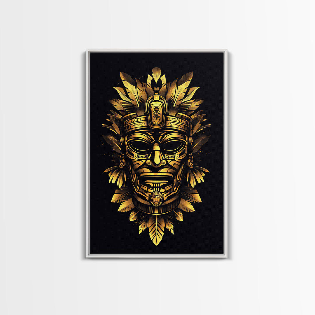 Ancient Aztec God Gold Canvas Print, Ornate Tribal Face Artwork, Ethnic Mythic Wall Decor, Real Wood Frame