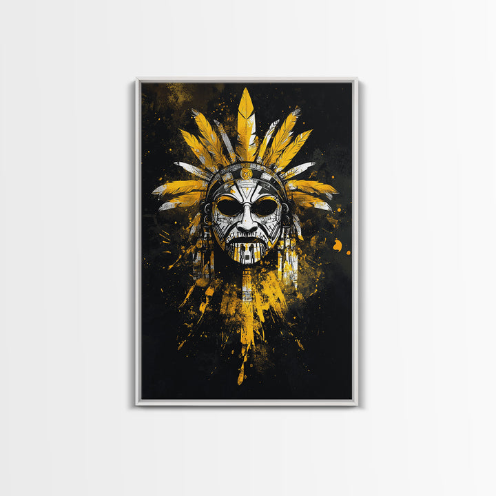 Aztec Skull Mask Gold Canvas Print, Ancient Tribal Face Art, Bold Splatter Style Wall Decor, Real Wood Frame
