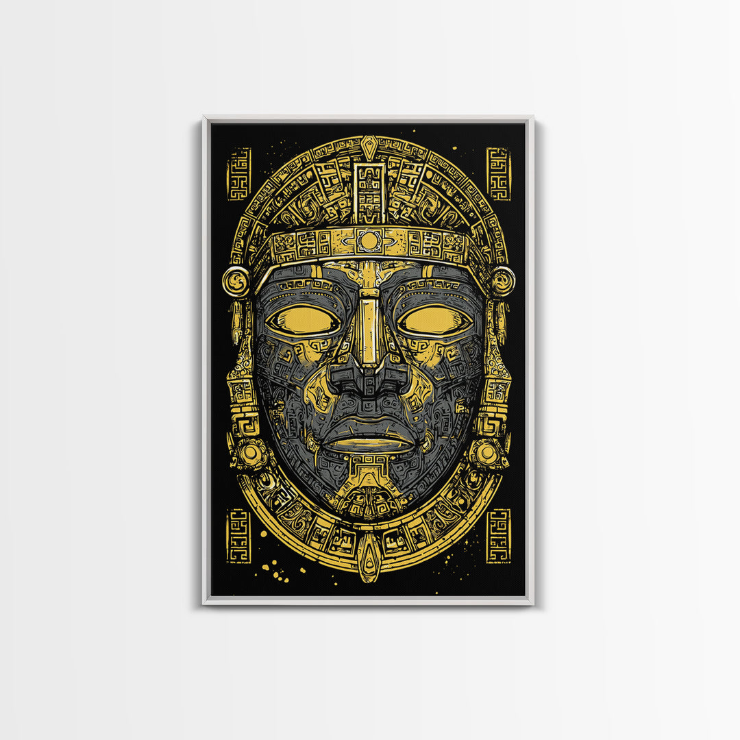Aztec Warrior Sun Mask Gold Canvas Print, Ornate Tribal Face Artwork, Ancient Ethnic Wall Decor, Real Wood Frame