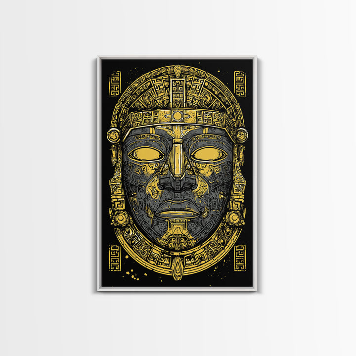 Aztec Warrior Sun Mask Gold Canvas Print, Ornate Tribal Face Artwork, Ancient Ethnic Wall Decor, Real Wood Frame