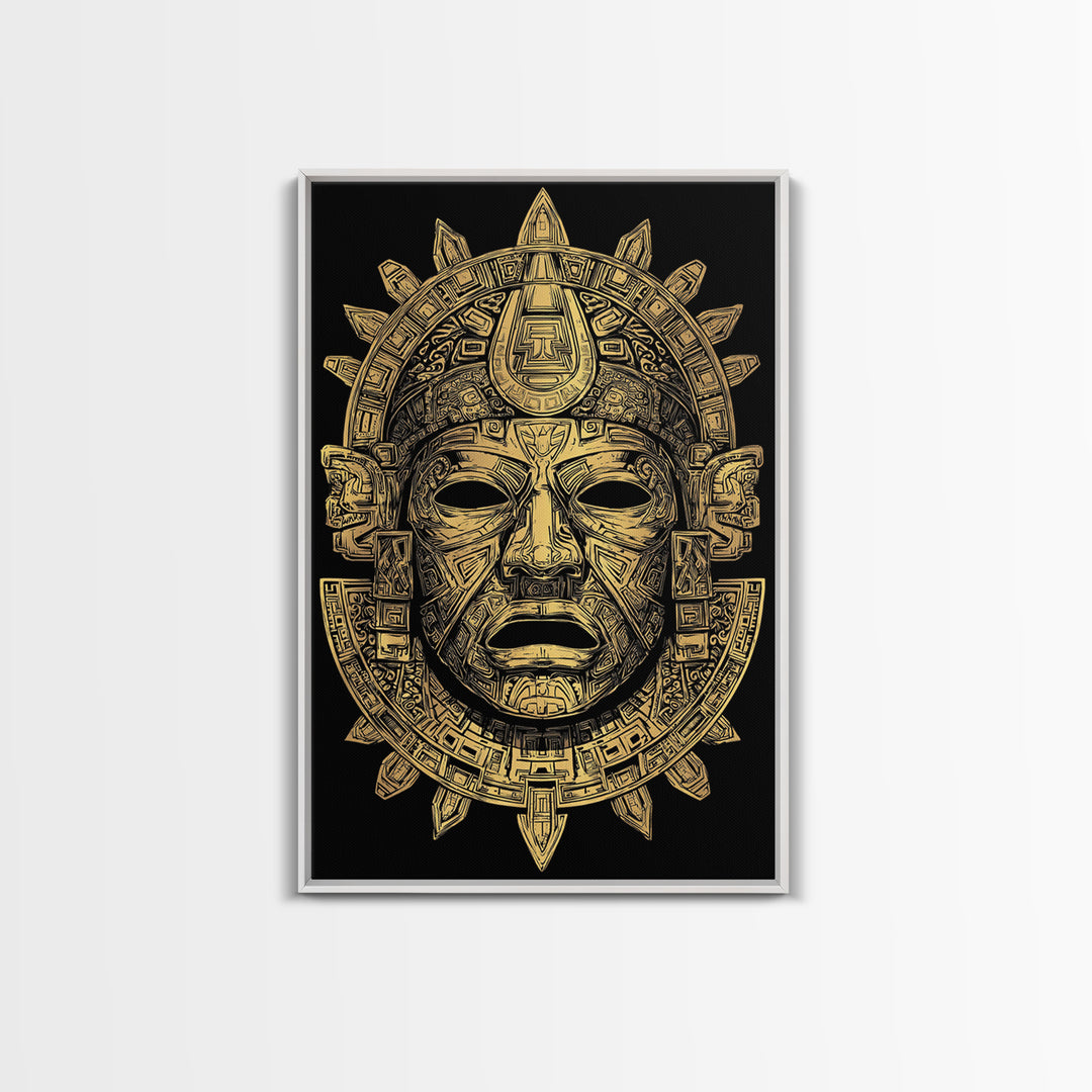 Aztec Deity Mask Gold Canvas Print, Ornate Tribal Face Artwork, Ancient Cultural Wall Hanging, Real Wood Frame