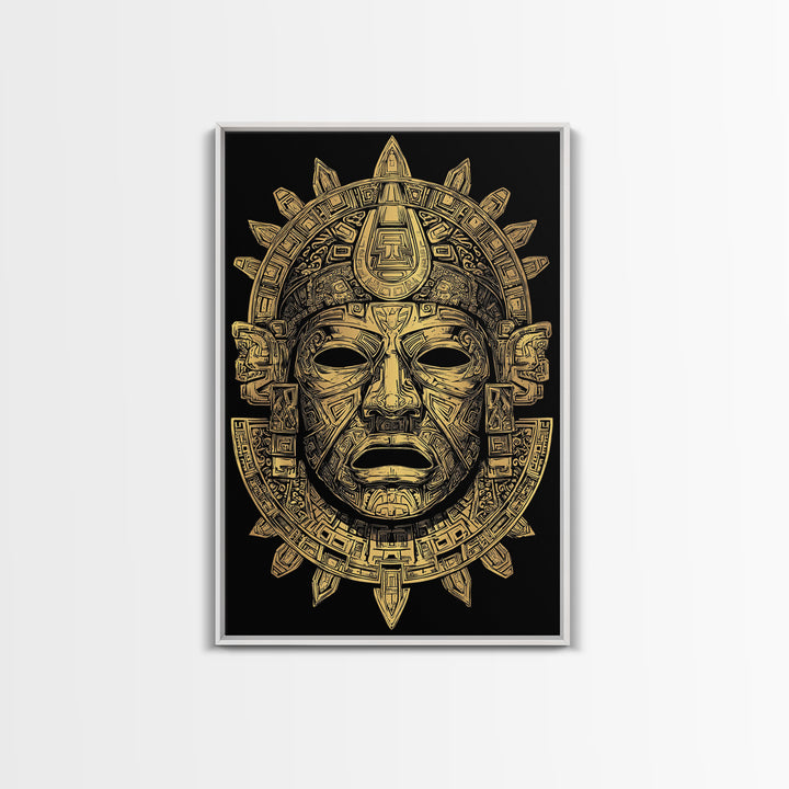 Aztec Deity Mask Gold Canvas Print, Ornate Tribal Face Artwork, Ancient Cultural Wall Hanging, Real Wood Frame