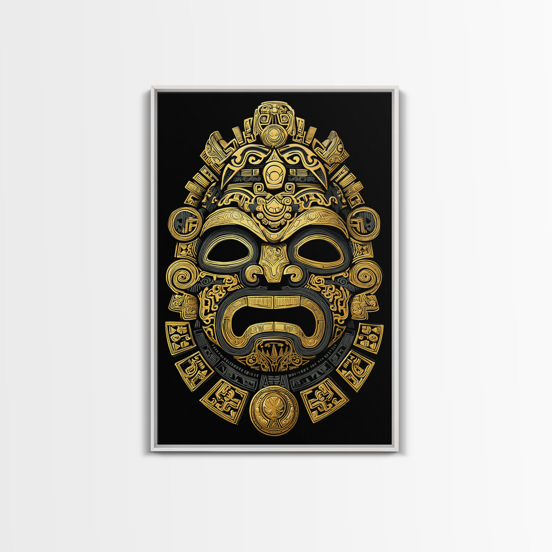 Aztec Feathered God Mask Gold Canvas Print, Ornate Tribal Face Artwork, Ancient Ethnic Wall Decor, Real Wood Frame