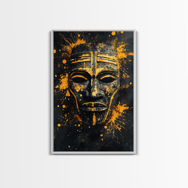 Bakongo Ritual Mask Gold Canvas Print, African Ethnic Face Art, Spiritual Tribal Wall Hanging Decor, Real Wood Frame
