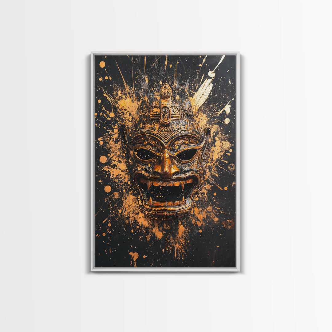Balinese Demon Mask Gold Canvas Print, Ornate Tribal Face Art, Mythical Splatter Style Wall Decor, Real Wood Frame