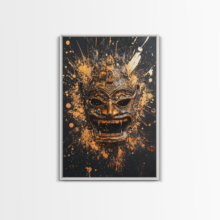 Balinese Demon Mask Gold Canvas Print, Ornate Tribal Face Art, Mythical Splatter Style Wall Decor, Real Wood Frame