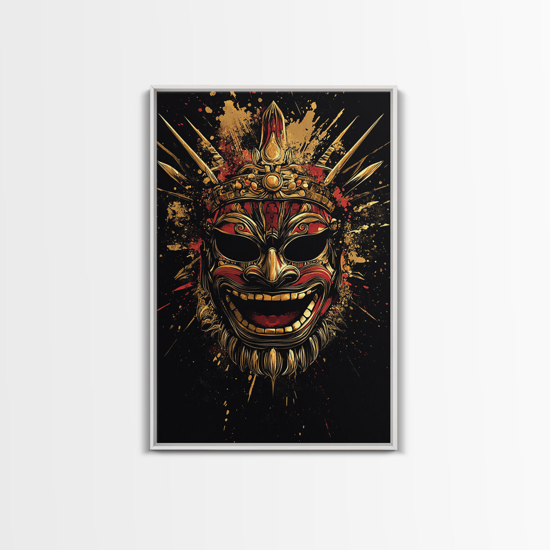 Balinese Guardian Mask Gold Canvas Print, Ornate Tribal Face Artwork, Cultural Ethnic Wall Decor, Real Wood Frame