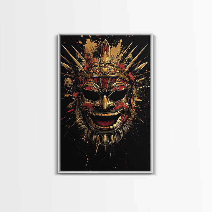 Balinese Guardian Mask Gold Canvas Print, Ornate Tribal Face Artwork, Cultural Ethnic Wall Decor, Real Wood Frame