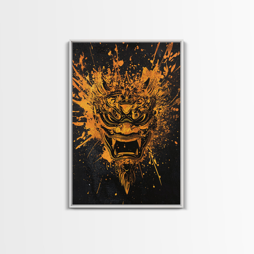 Balinese Spirit Mask Gold Canvas Print, Ornate Tribal Face Artwork, Cultural Mythic Wall Decor, Real Wood Frame