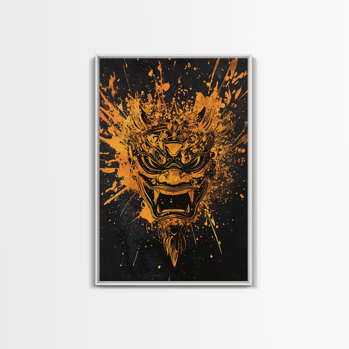 Balinese Spirit Mask Gold Canvas Print, Ornate Tribal Face Artwork, Cultural Mythic Wall Decor, Real Wood Frame