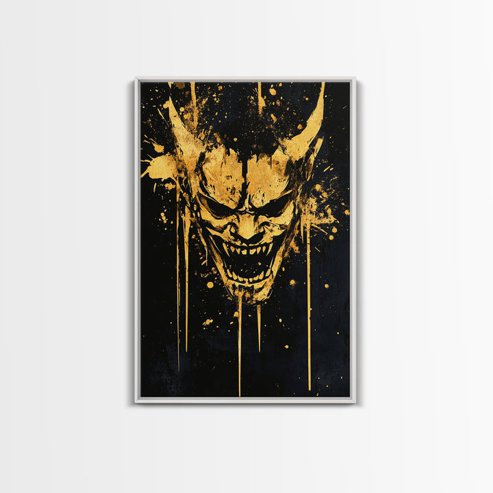 Demonic Splatter Mask Gold Canvas Print, Fierce Abstract Face Art, Bold Horror Inspired Wall Decor, Real Wood Frame