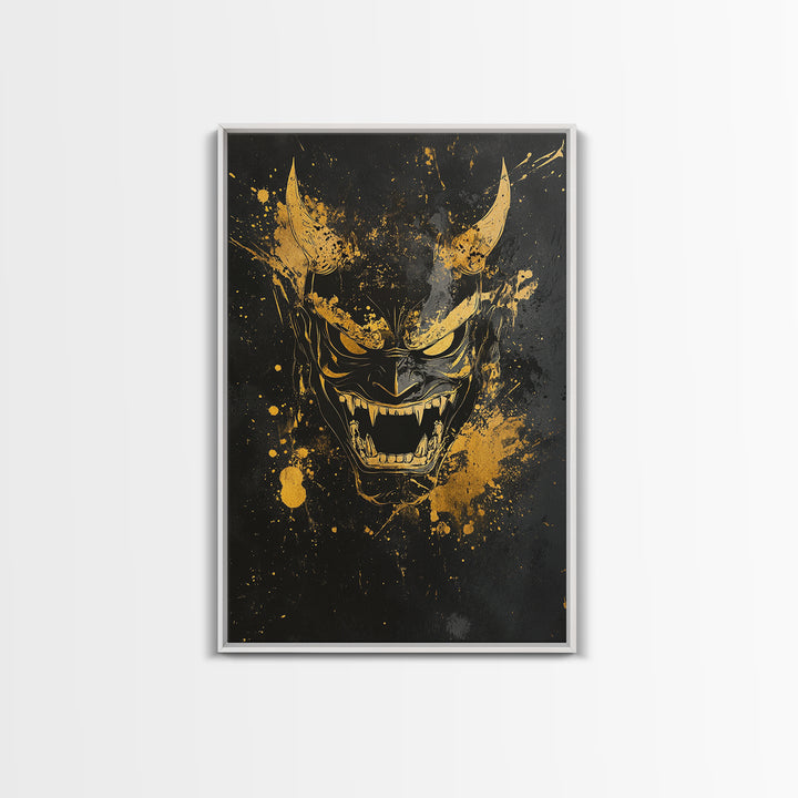 Oni Demon Mask Gold Canvas Print, Japanese Inspired Splatter Artwork, Fierce Mythical Wall Decor, Real Wood Frame