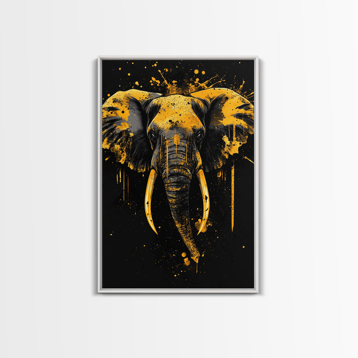 Elephant Head Gold Canvas Print, Splatter Style Wildlife Artwork, Majestic Animal Wall Decor, Real Wood Frame