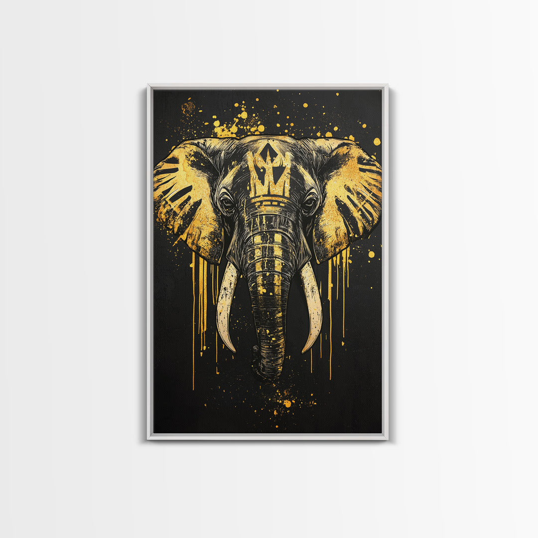 Royal Elephant Gold Canvas Print, Splatter Style Tribal Artwork, Majestic Animal Wall Decor, Real Wood Frame