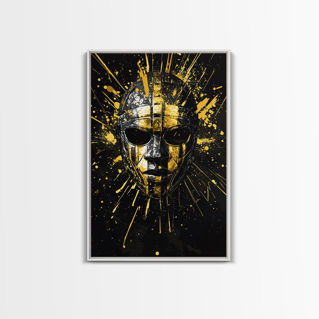 Ancient Warrior Mask Gold Canvas Print, Ornate Tribal Face Artwork, Bold Splatter Style Wall Decor, Real Wood Frame