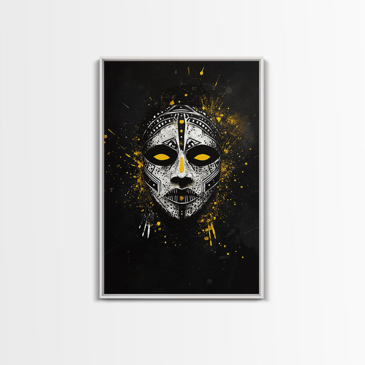 Tribal Painted Mask Gold Canvas Print, Ethnic Face Artwork, Bold Splatter Ink Wall Hanging Decor, Real Wood Frame