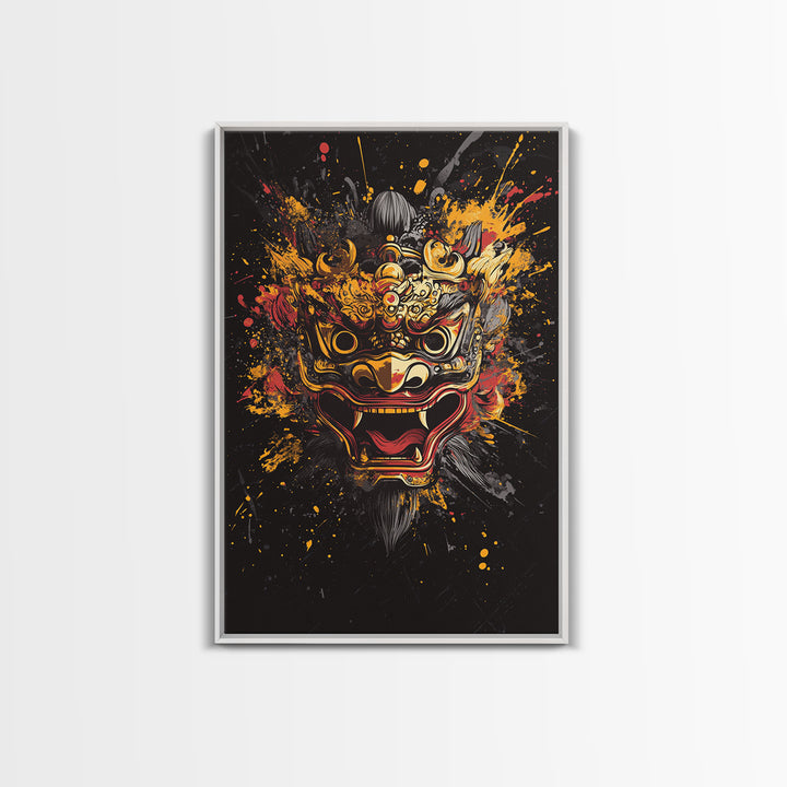 Barong Mythical Mask Gold Canvas Print, Ornate Balinese Face Artwork, Cultural Splatter Wall Decor, Real Wood Frame