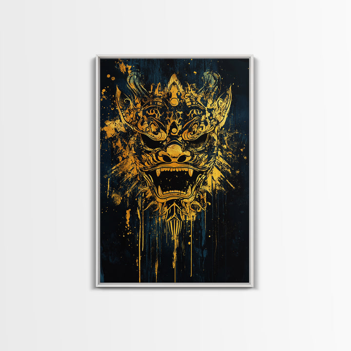 Balinese Barong Mask Gold Canvas Print, Ornate Spiritual Face Artwork, Mythic Cultural Wall Decor, Real Wood Frame