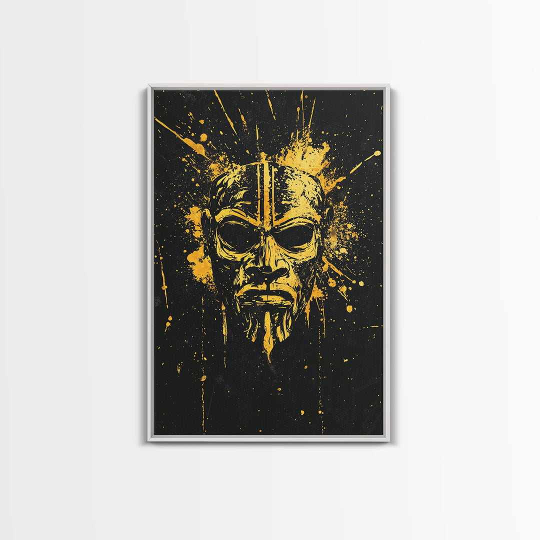 Batak Tribal Mask Gold Canvas Print, Ornate Ethnic Face Artwork, Ancient Cultural Wall Hanging Decor, Real Wood Frame