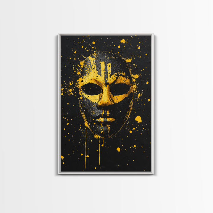 Abstract Splatter Mask Gold Canvas Print, Tribal Face Wall Art, Bold Modern Mask Artwork, Real Wood Frame Home Decor