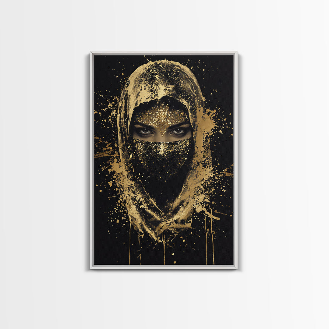 Mystical Veiled Woman Gold Canvas Print, Splatter Style Portrait Art, Ethereal Female Artwork, Real Wood Frame Wall Decor