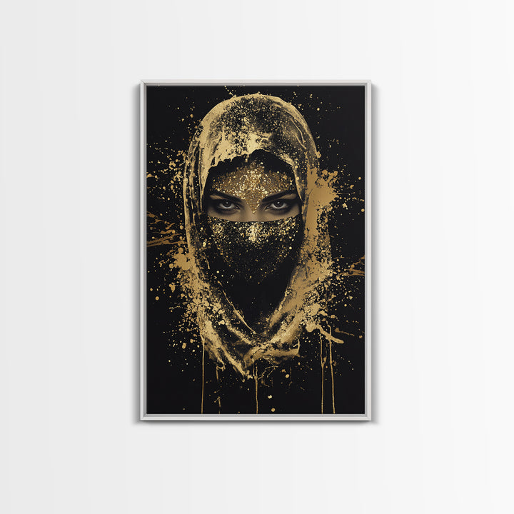 Mystical Veiled Woman Gold Canvas Print, Splatter Style Portrait Art, Ethereal Female Artwork, Real Wood Frame Wall Decor