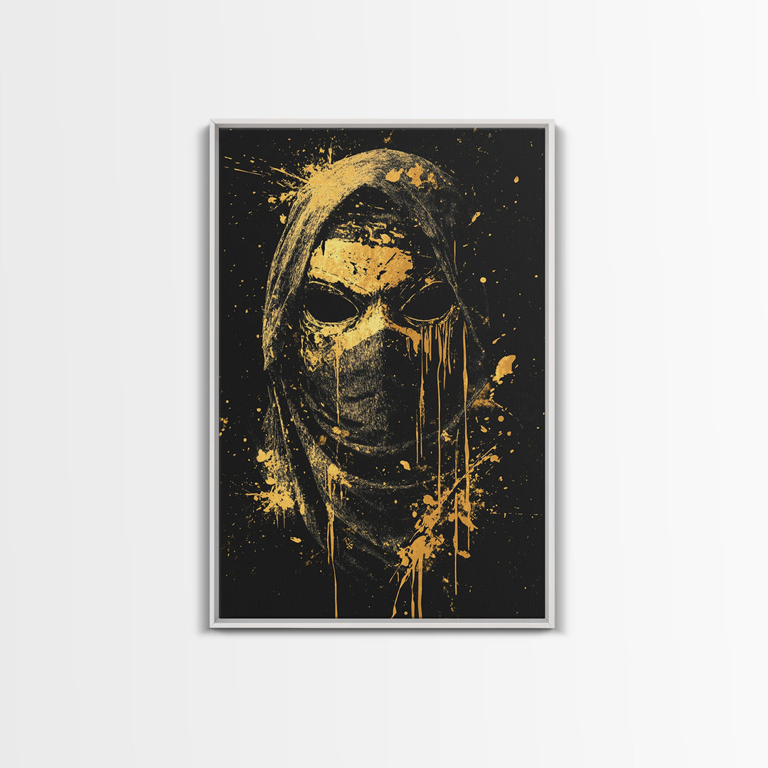 Hooded Tribal Figure Gold Canvas Print, Splatter Style Mask Art, Spiritual Warrior Artwork, Real Wood Frame Bold Wall Decor