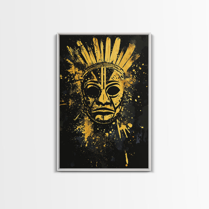 Feathered Tribal Mask Gold Canvas Print, Ancestral Face Art, Splatter Style Ethnic Wall Hanging, Real Wood Frame Artwork