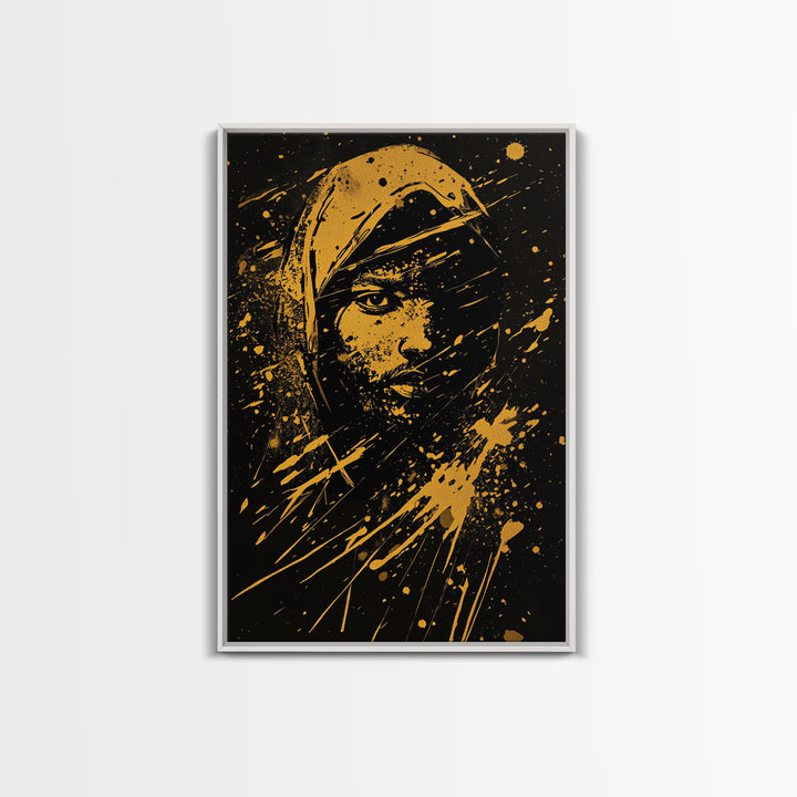 Golden Veiled Portrait Gold Canvas Print, Abstract Female Art, Splatter Style Ethereal Face Artwork, Real Wood Frame Decor