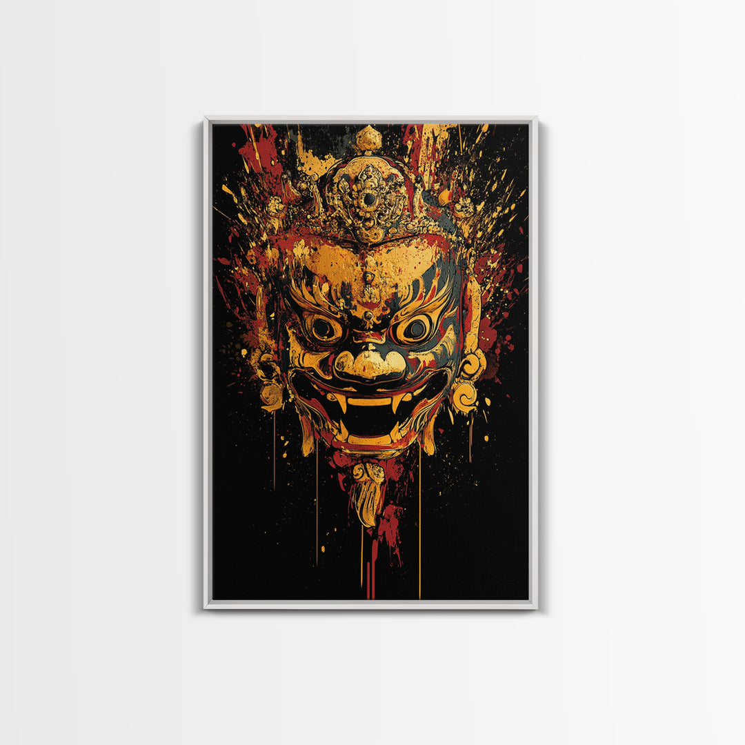 Fierce Mythic Mask Gold Canvas Print, Splatter Style Tribal Face Art, Bold Ancestral Artwork, Real Wood Frame Wall Hanging