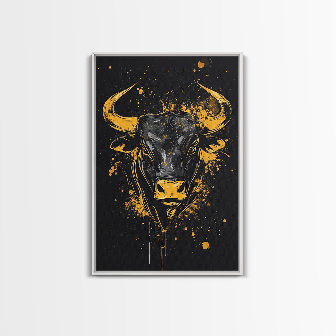 Powerful Bull Head Gold Canvas Print, Abstract Splatter Animal Art, Bold Strength Symbol Artwork, Real Wood Frame Wall Decor