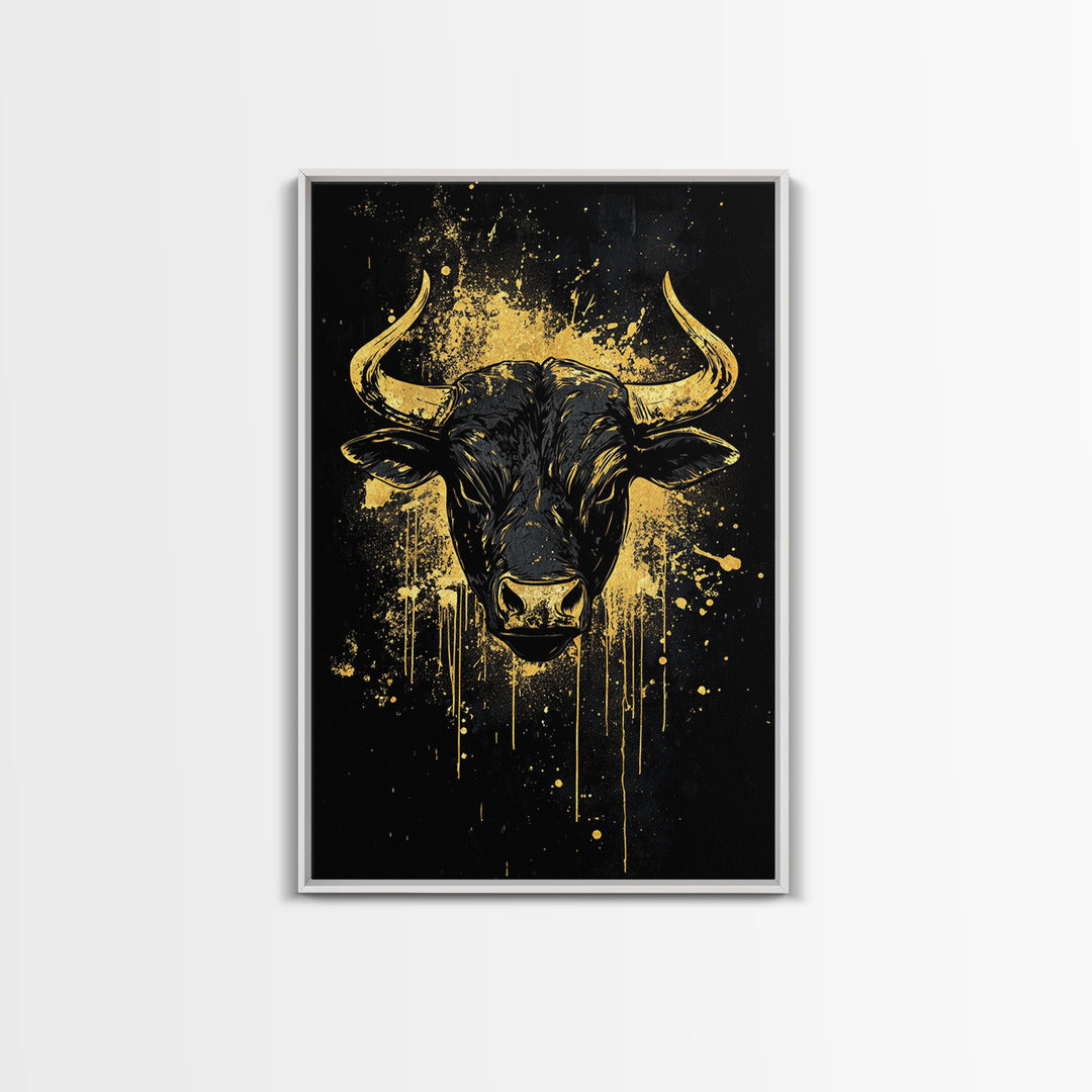 Majestic Bull Portrait Gold Canvas Print, Tribal Splatter Animal Artwork, Strong Symbolic Wall Art, Real Wood Frame Decor