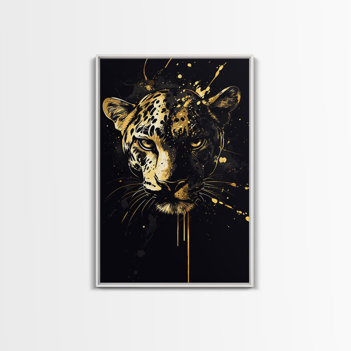 Wild Leopard Face Gold Canvas Print, Bold Animal Portrait Art, Tribal Splatter Style Wall Artwork, Real Wood Frame Home Decor