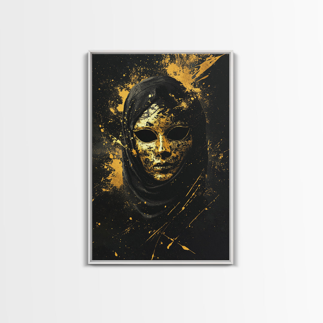 Mysterious Veiled Mask Gold Canvas Print, Splatter Style Female Portrait, Abstract Ethereal Face Artwork, Real Wood Frame Decor