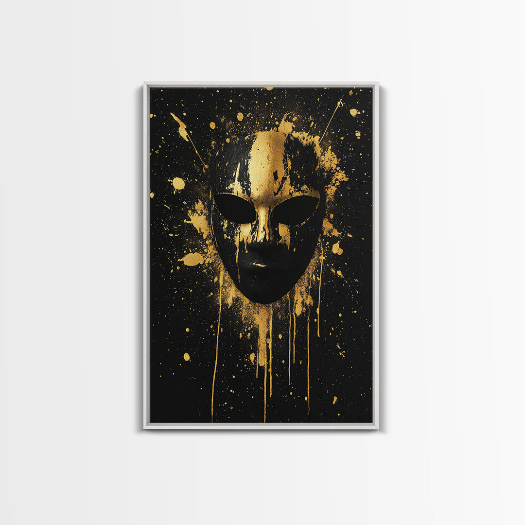 Abstract Splatter Mask Gold Canvas Print, Bold Modern Face Art, Tribal Inspired Wall Decor, Real Wood Frame