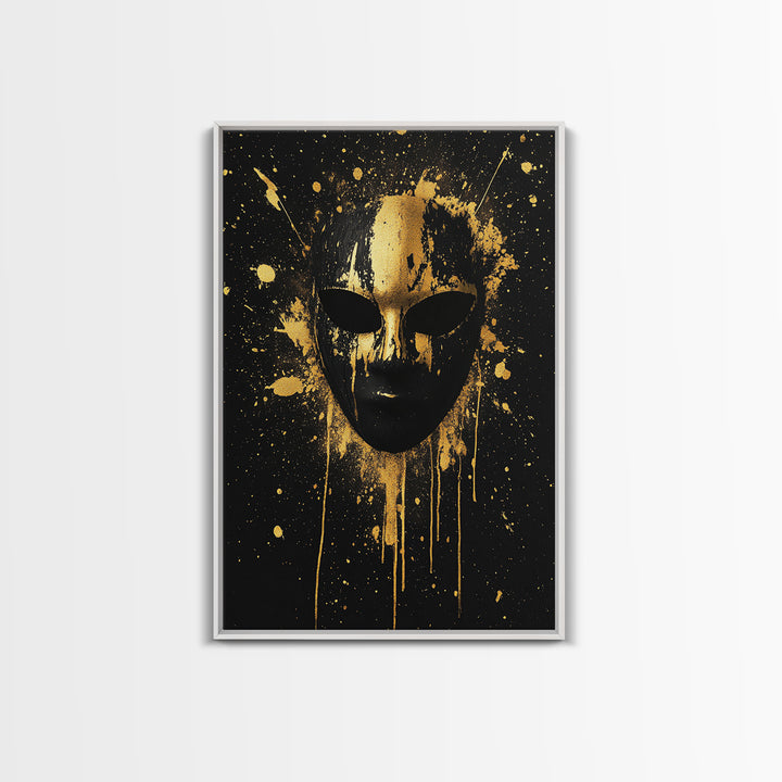 Abstract Splatter Mask Gold Canvas Print, Bold Modern Face Art, Tribal Inspired Wall Decor, Real Wood Frame