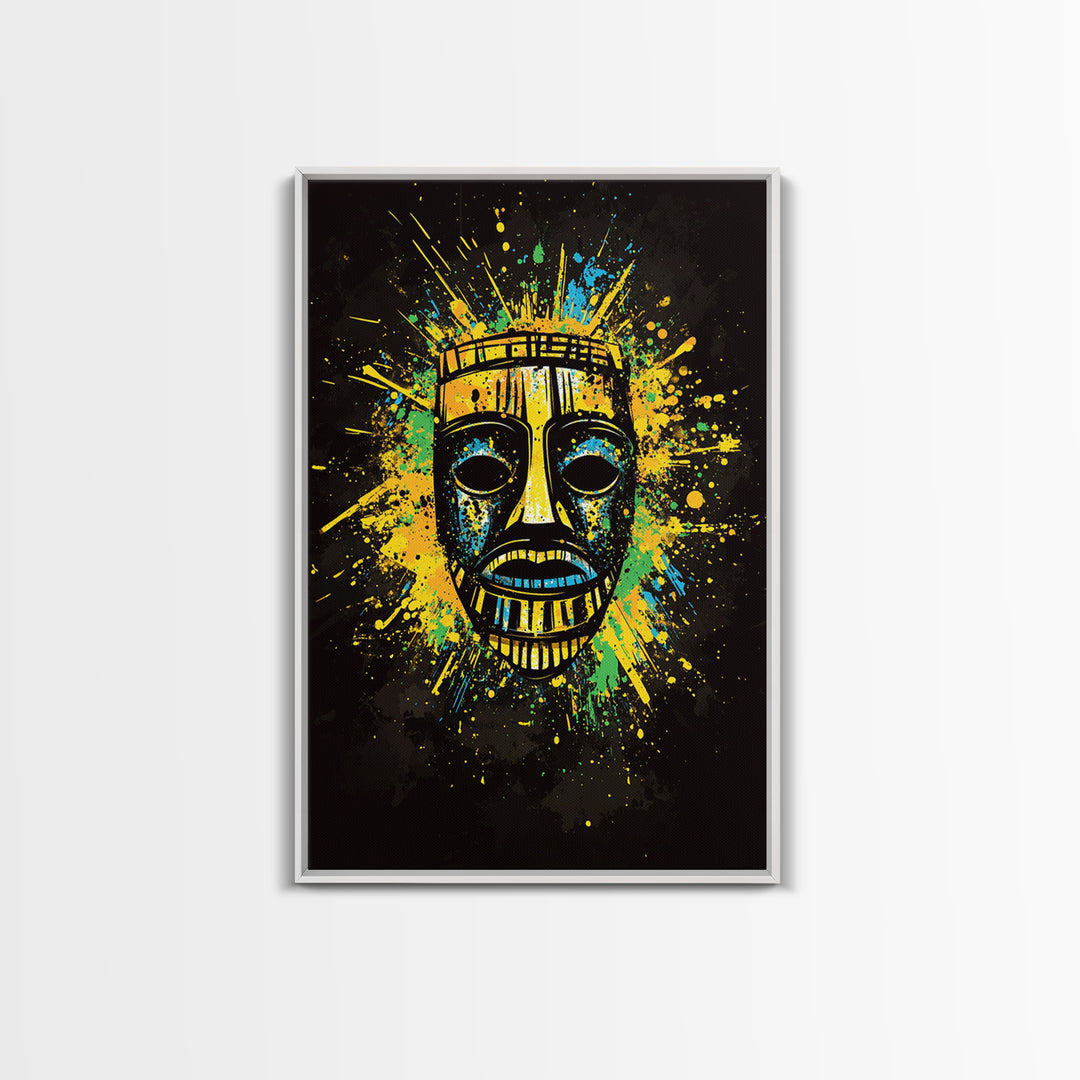 Vibrant Tribal Mask Gold Canvas Art, Ethnic Splatter Style Face Print, Colorful Abstract Wall Decor, Real Wood Frame