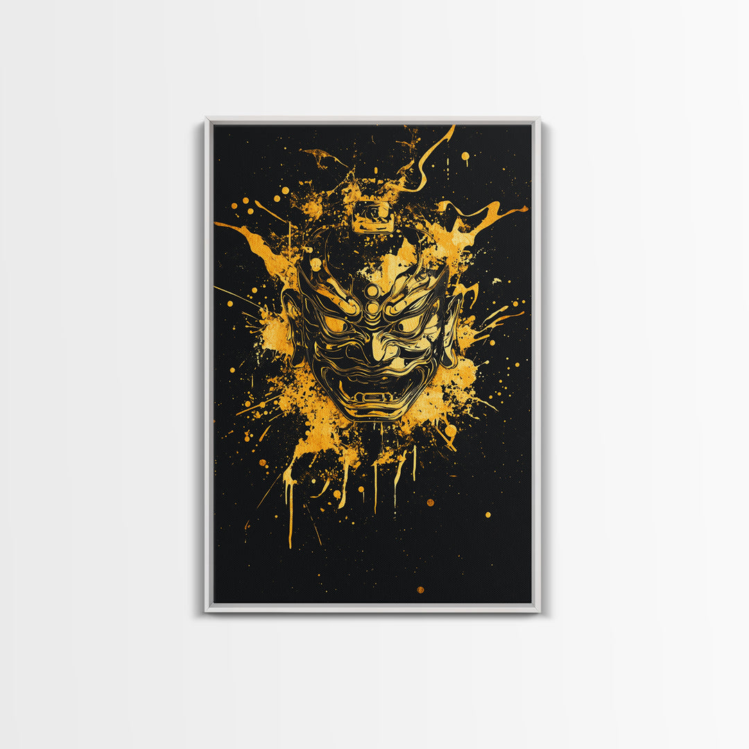 Oni Demon Mask Gold Canvas Print, Japanese Mythology Inspired Art, Splatter Style Wall Decor, Real Wood Frame