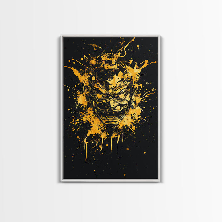 Oni Demon Mask Gold Canvas Print, Japanese Mythology Inspired Art, Splatter Style Wall Decor, Real Wood Frame
