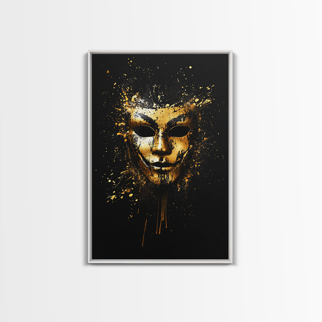 Abstract Painted Mask Gold Canvas Print, Modern Face Art, Bold Splatter Style Wall Decoration, Real Wood Frame