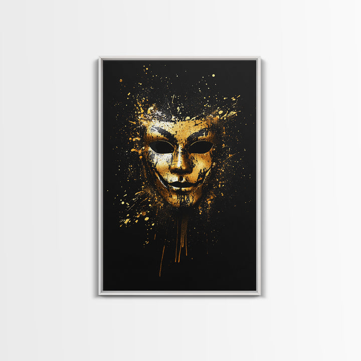Abstract Painted Mask Gold Canvas Print, Modern Face Art, Bold Splatter Style Wall Decoration, Real Wood Frame