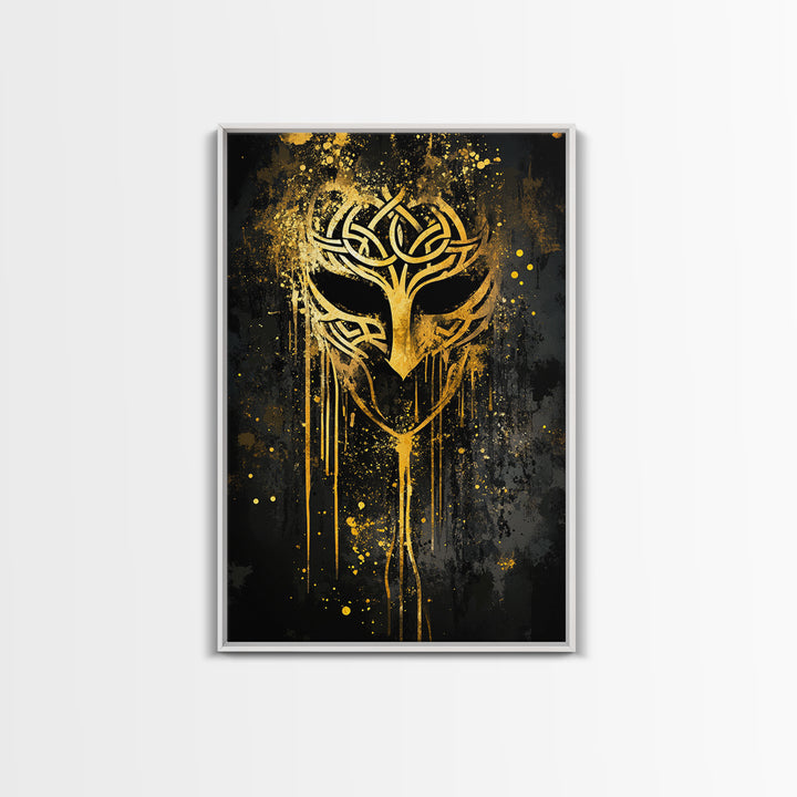 Celtic Knot Mask Gold Canvas Art, Intricate Tribal Inspired Design, Abstract Splatter Wall Decor, Real Wood Frame