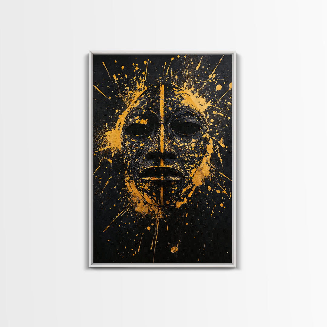 African Tribal Mask Gold Canvas Print, Bold Face Art, Splatter Style Ethnic Wall Decoration, Real Wood Frame